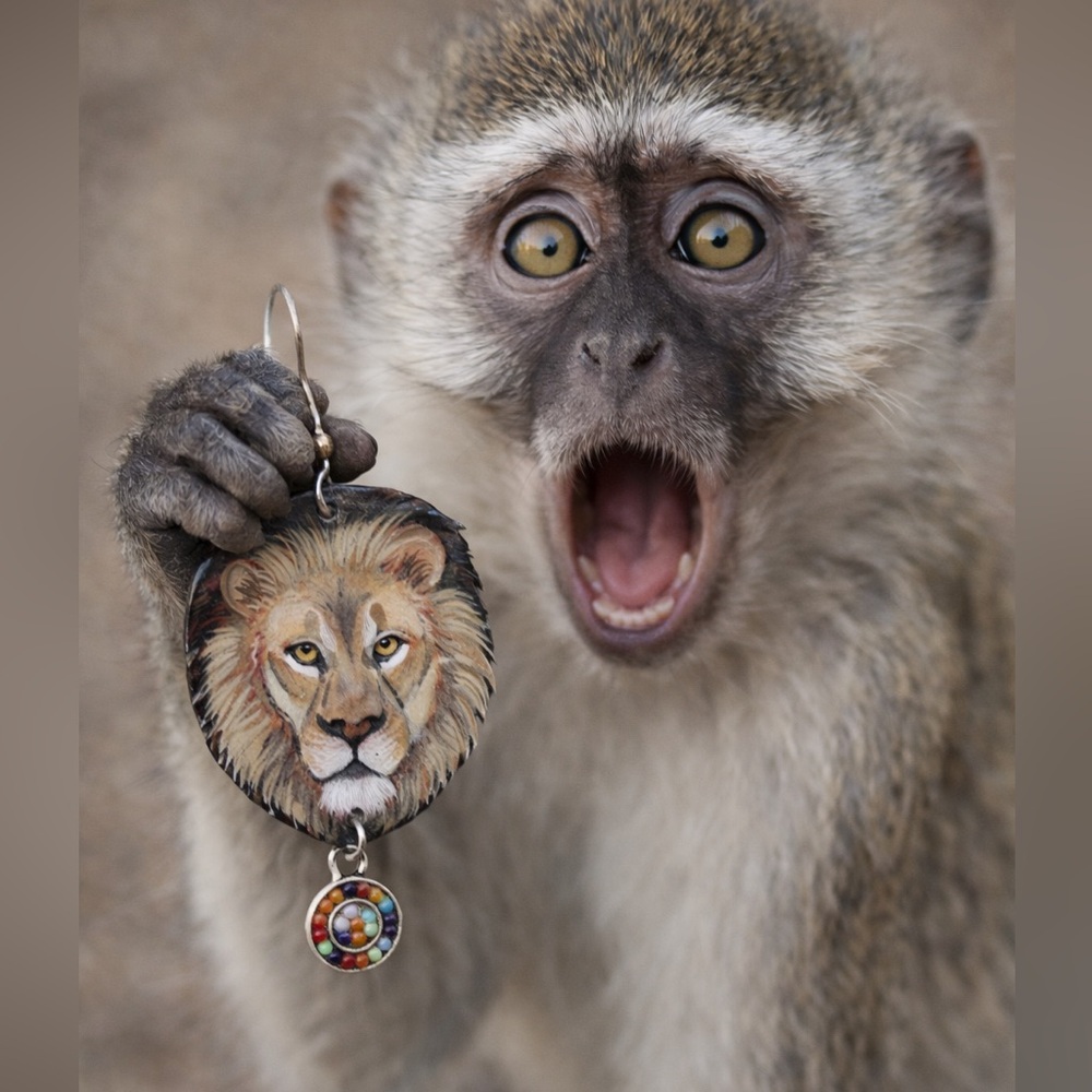 LION king handpainted earrings Sterling wires NWT OOAK